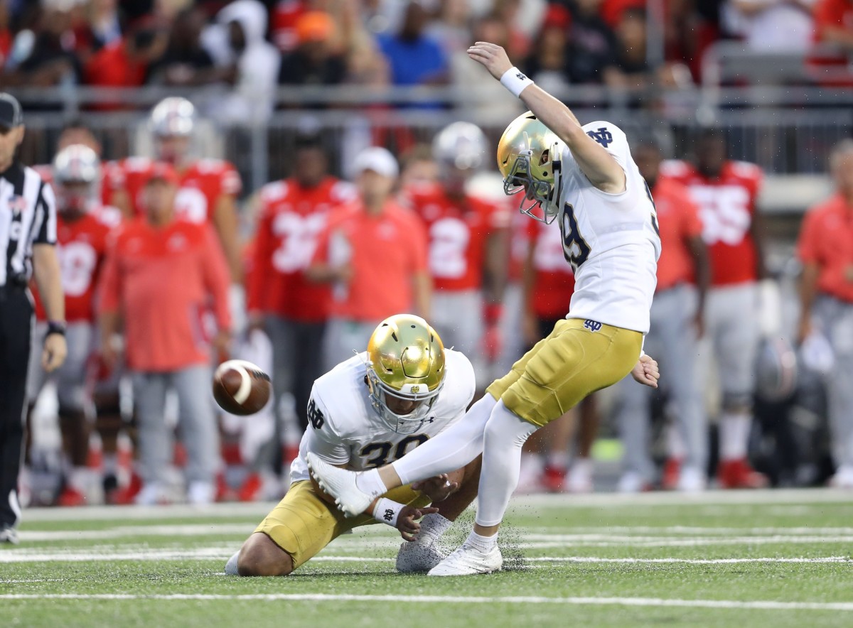 Sep 3, 2022; Notre Dame Fighting Irish place kicker Blake Grupe (99) kicks a field goal against the Ohio State Buckeyes. Mandatory Credit: Joseph Maiorana-USA TODAY Sports